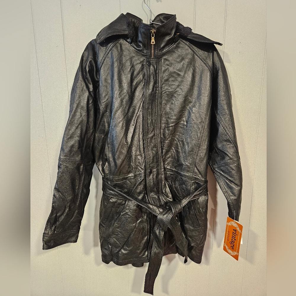 Vintage Leather Hooded Belted Black Midlength Parka Jacket Zip Out Lining NWT